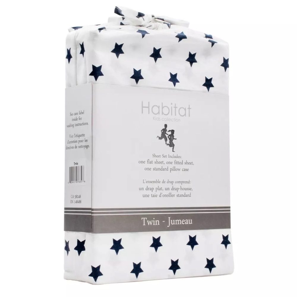 Habitat Kids Collection TWIN Soft ORGANIC COTTON White Navy Stars Sheet Set NEW